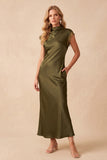 Robe de cérémonie olive en satin, coupe fourreau, à col montant, avec découpes, longue, avec dentelle