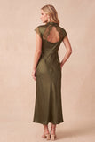 Robe de cérémonie olive en satin, coupe fourreau, à col montant, avec découpes, longue, avec dentelle