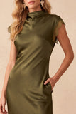 Robe de cérémonie olive en satin, coupe fourreau, à col montant, avec découpes, longue, avec dentelle