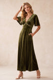 Robe de cérémonie olive, ligne A, à col V, en velours, à manches flottantes, longue, avec dentelle