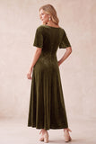 Robe de cérémonie olive, ligne A, à col V, en velours, à manches flottantes, longue, avec dentelle