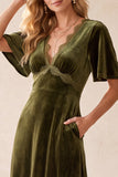 Robe de cérémonie olive, ligne A, à col V, en velours, à manches flottantes, longue, avec dentelle