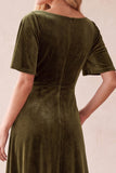 Robe de cérémonie olive, ligne A, à col V, en velours, à manches flottantes, longue, avec dentelle