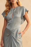 Robe de cérémonie dusty blue, coupe fourreau, à manches flottantes, avec fronces, en satin, midi, avec poches