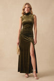 Robe de cérémonie olive, coupe fourreau, à col montant, avec fronces, en velours, longue, avec dentelle
