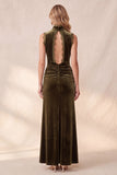 Robe de cérémonie olive, coupe fourreau, à col montant, avec fronces, en velours, longue, avec dentelle