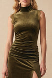 Robe de cérémonie olive, coupe fourreau, à col montant, avec fronces, en velours, longue, avec dentelle