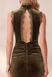 Robe de cérémonie olive, coupe fourreau, à col montant, avec fronces, en velours, longue, avec dentelle