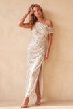 Robe de cérémonie ivoire, coupe fourreau, à paillettes, asymétrique, à une épaule, avec fronces, longue, avec dentelle