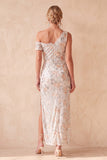 Robe de cérémonie ivoire, coupe fourreau, à paillettes, asymétrique, à une épaule, avec fronces, longue, avec dentelle