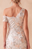 Robe de cérémonie ivoire, coupe fourreau, à paillettes, asymétrique, à une épaule, avec fronces, longue, avec dentelle