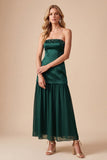 Robe de cérémonie vert foncé, à taille basse, en satin, sans bretelles, midi, avec perles