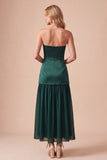 Robe de cérémonie vert foncé, à taille basse, en satin, sans bretelles, midi, avec perles