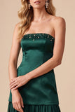 Robe de cérémonie vert foncé, à taille basse, en satin, sans bretelles, midi, avec perles