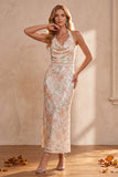 Robe de cérémonie ivoire, coupe fourreau, à encolure tour de cou, à col bénitier, à paillettes, midi, avec dentelle