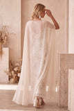 Robe de cérémonie ivoire, coupe fourreau, à col bateau, à paillettes, longue, avec cape en mousseline