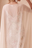 Robe de cérémonie ivoire, coupe fourreau, à col bateau, à paillettes, longue, avec cape en mousseline