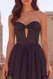 Robe de soirée avec corset, longue, à bretelles, à pois, avec trou de serrure et noeud