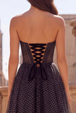 Robe de soirée avec corset, longue, à bretelles, à pois, avec trou de serrure et noeud