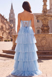 Robe longue de soirée en tulle à feuilles à étages à volants bleu clair avec nœud d’année