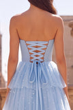 Robe longue de soirée en tulle à feuilles à étages à volants bleu clair avec nœud d’année
