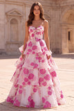 Robe de soirée longue fuchsia, ligne A, sans bretelles, en organza, avec volants, à motifs floraux et noeud