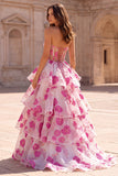 Robe de soirée longue fuchsia, ligne A, sans bretelles, en organza, avec volants, à motifs floraux et noeud