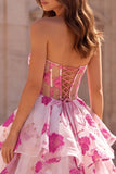 Robe de soirée longue fuchsia, ligne A, sans bretelles, en organza, avec volants, à motifs floraux et noeud