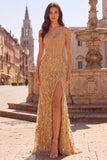 Robe de soirée avec corset or, à épaules dénudées, à paillettes, longue, coupe sirène, avec fente