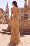 Robe de soirée avec corset or, à épaules dénudées, à paillettes, longue, coupe sirène, avec fente