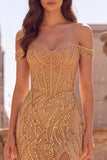 Robe de soirée avec corset or, à épaules dénudées, à paillettes, longue, coupe sirène, avec fente