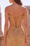 Robe de soirée avec corset or, à épaules dénudées, à paillettes, longue, coupe sirène, avec fente