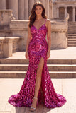Longue robe de soirée à fines bretelles, coupe sirène scintillante, fuchsia, avec détails en forme de larme