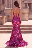 Longue robe de soirée à fines bretelles, coupe sirène scintillante, fuchsia, avec détails en forme de larme