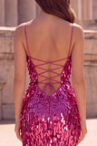 Longue robe de soirée à fines bretelles, coupe sirène scintillante, fuchsia, avec détails en forme de larme