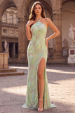 Longue robe de soirée coupe sirène vert menthe, avec fente