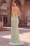 Longue robe de soirée coupe sirène vert menthe, avec fente