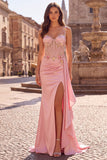 Corset fleuri rose, avec drapé, en satin transparent, longue robe de soirée avec fente