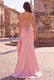 Corset fleuri rose, avec drapé, en satin transparent, longue robe de soirée avec fente