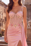 Corset fleuri rose, avec drapé, en satin transparent, longue robe de soirée avec fente
