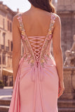 Corset fleuri rose, avec drapé, en satin transparent, longue robe de soirée avec fente