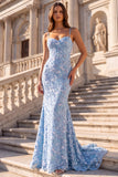 Appliqués floraux, coupe sirène bleu clair, corset à fines bretelles, longue robe de soirée