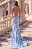 Appliqués floraux, coupe sirène bleu clair, corset à fines bretelles, longue robe de soirée