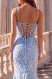 Appliqués floraux, coupe sirène bleu clair, corset à fines bretelles, longue robe de soirée