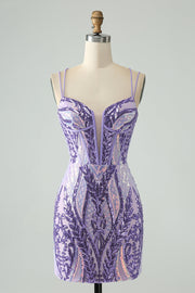 Robe de bal corset à bretelles spaghetti violet foncé scintillant avec paillettes