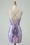 Robe de bal corset à bretelles spaghetti violet foncé scintillant avec paillettes