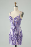 Robe de bal corset à bretelles spaghetti violet foncé scintillant avec paillettes