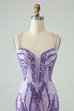 Robe de bal corset à bretelles spaghetti violet foncé scintillant avec paillettes