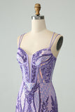 Robe de bal corset à bretelles spaghetti violet foncé scintillant avec paillettes