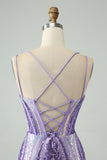 Robe de bal corset à bretelles spaghetti violet foncé scintillant avec paillettes